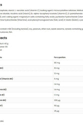 Nutritional information for OstroVit Vitamin B Complex 90 tablets, listing B-vitamin content per portion.